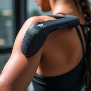 Theragun Elite percussion therapy device being used on an arm, showing muscle recovery