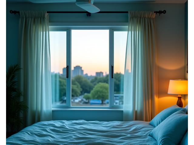 An illustration of a bedroom with effective cooling solutions like breathable fabrics, ceiling fan, and blinds, with a subtle Austin skyline in the background, addressing local climate challenges.
