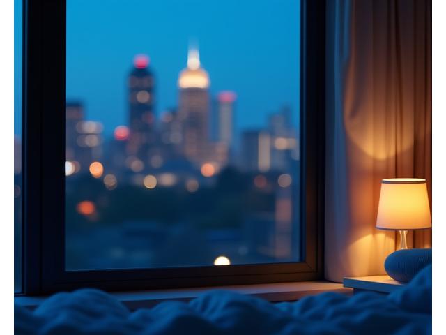 A visualization of sound waves being blocked by a window and earplugs on a nightstand, with a blurred Austin cityscape outside, representing noise reduction in an urban setting.
