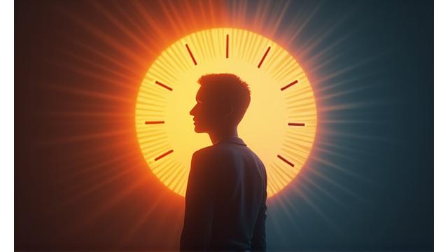 An abstract representation of a circadian rhythm with morning light exposure and evening dim light, illustrating consistent sleep-wake cycles.