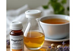 A tasteful arrangement of natural sleep supplements like magnesium, valerian root, and chamomile tea, emphasizing a gentle, holistic approach.