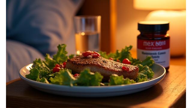 A balanced plate of evening meal with light, sleep-inducing foods and a small, tasteful display of evidence-backed sleep supplements like magnesium and tart cherry.