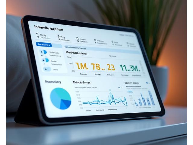 A dashboard view on a tablet displaying detailed sleep metrics: sleep stages (REM, deep, light), efficiency, heart rate variability, and recovery score gathered from a wearable device.
